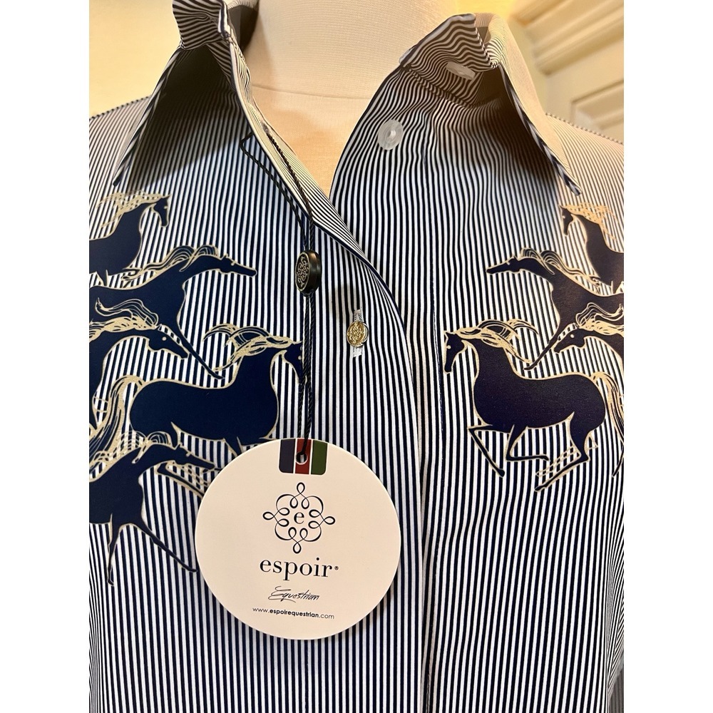 New With‎ Tags Espoir Running Horses Navy Ladies' Button Sun Shirt Size Medium - Picture 6 of 10